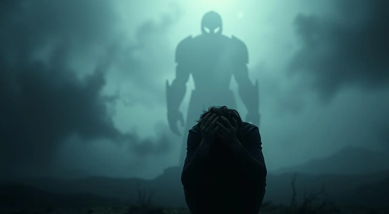 A troubled adolescent's mind, shrouded in a hazy, anxiety-ridden atmosphere. In the foreground, a figure crouches, hands clutching their head, overwhelmed by the weight of perceived judgment from peers. The middle ground features a swirling, abstract landscape, representing the turbulent emotions and self-doubt. In the background, a faint, blurred silhouette of a large, looming figure, symbolizing the omnipresent fear of social scrutiny. The lighting is low and moody, casting long shadows and creating a sense of unease. The overall tone is one of isolation, vulnerability, and the struggle to overcome the debilitating impact of judgment during the crucial developmental stage of adolescence.