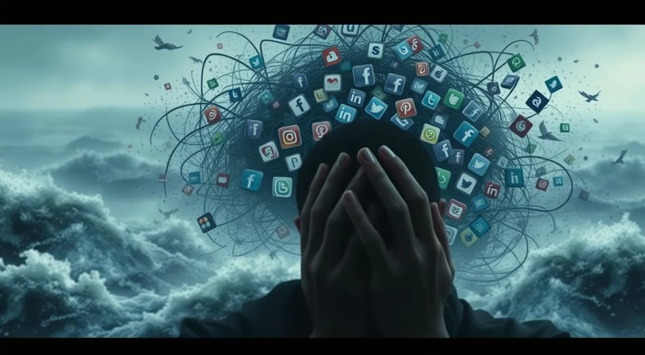 A turbulent sea of mental anguish, with waves of anxiety and depression crashing against the shores of the human psyche. In the foreground, a figure shrouded in shadows, consumed by the fear of judgment, their face obscured by their hands. In the middle ground, a tangle of social media icons, their vibrant colors muted, casting an oppressive shadow over the scene. The background fades into a hazy, dreamlike state, with disjointed fragments of text and fragmented thoughts swirling in the distance, reflecting the chaos and fragmentation of the mind. The overall atmosphere is one of unease, vulnerability, and the heavy toll that the fear of judgment can have on mental well-being.