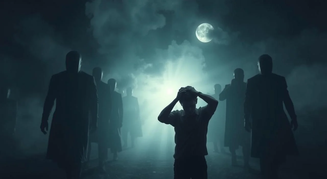 A vast expanse of anxious thoughts and emotions, a mind consumed by the relentless cycle of worry and apprehension. Shadowy figures loom in the background, symbolic of the ever-present threats that fuel the generalized anxiety disorder. In the foreground, a figure stands, shoulders hunched, face obscured, grasping at their head, the weight of their inner turmoil palpable. The lighting is dim, casting a somber, oppressive atmosphere, mirroring the subject's experience. The scene is captured through a wide-angle lens, emphasizing the overwhelming nature of the disorder, trapping the individual in a seemingly endless cycle of anxiety and stress.