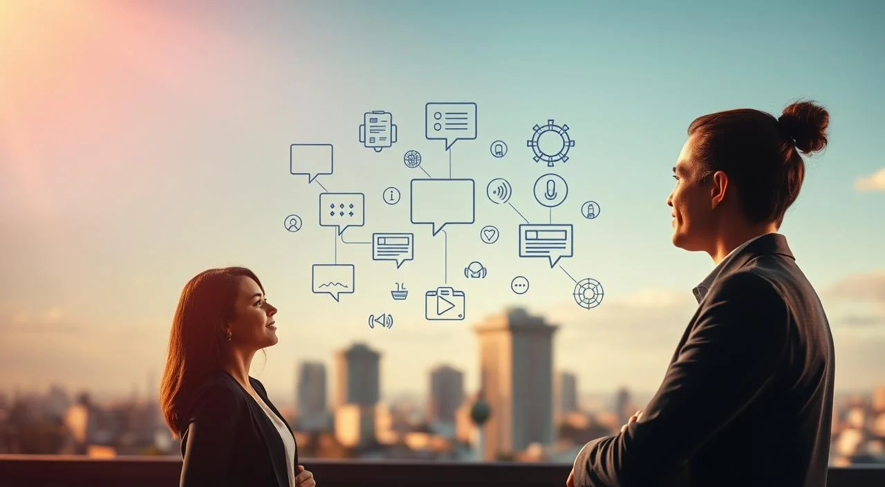 A vibrant and dynamic scene showcasing techniques of confident communication. In the foreground, two people engaged in earnest dialogue, their body language conveying openness and self-assurance. The middle ground features a variety of symbolic icons and shapes representing different communication methods - speech bubbles, sound waves, networked connections. In the background, a soft, blurred cityscape provides a sense of urban energy and possibility. Warm, directional lighting from the left casts dramatic shadows, creating a sense of depth and dimension. The overall atmosphere exudes a balance of professionalism and personal growth, reflecting the title "Técnicas de Comunicação e Exposição Gradual".