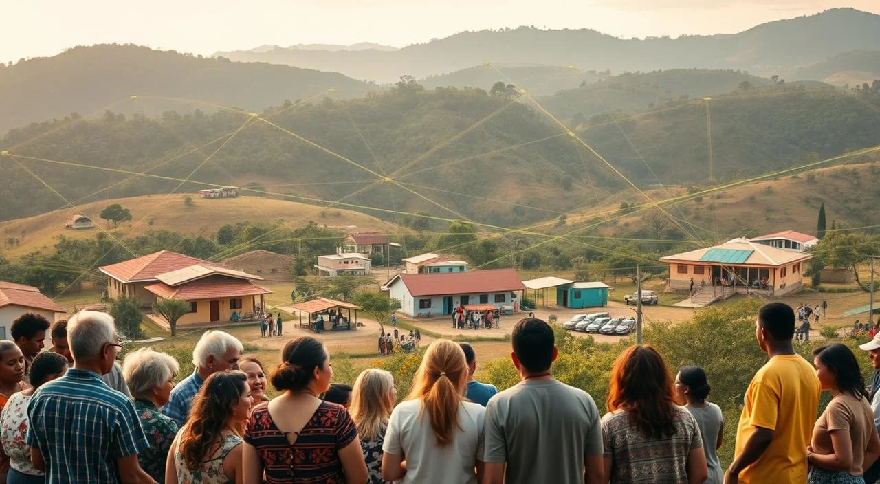 A vibrant and interconnected network of mental health services, the Rede de Atenção Psicossocial (RAPS) in the Brazilian Unified Health System (SUS) is depicted. In the foreground, a diverse group of people, representing different age groups and backgrounds, engages in supportive group activities. The middle ground showcases various community-based facilities, such as psychosocial care centers and outreach programs, all connected by a web of colorful lines symbolizing the coordination and integration of the network. In the background, a serene, natural landscape provides a calming backdrop, highlighting the holistic and community-centered approach to mental health care. The scene is illuminated by a warm, diffused lighting that creates a sense of comfort and belonging, reflecting the comprehensive and inclusive nature of the RAPS system.