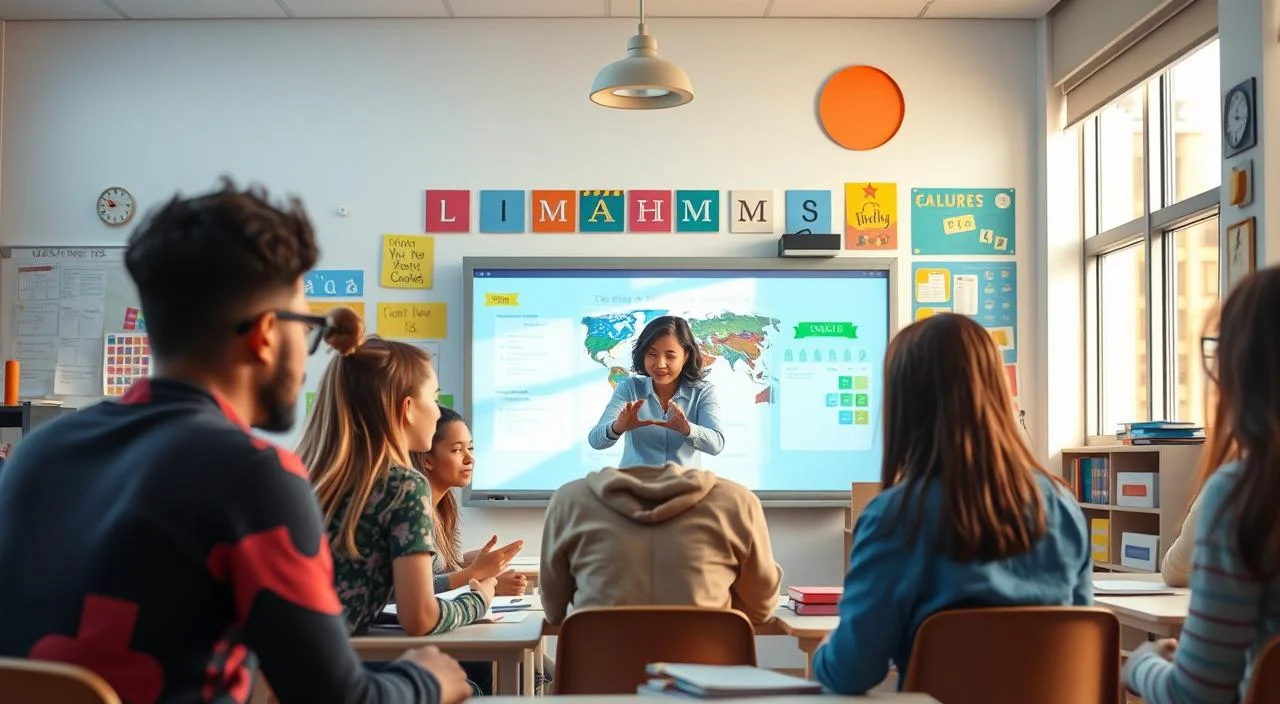 A vibrant classroom scene, with students engaged in dynamic group discussions and presentations. The foreground features a diverse group of students, their expressions focused and attentive, as they collaborate on a project displayed on a large interactive whiteboard. The middle ground showcases the teacher, gesturing and guiding the students, fostering an atmosphere of open communication and intellectual exchange. The background depicts the classroom itself, filled with colorful learning materials, whiteboards, and inspirational posters, all bathed in warm, natural lighting that filters through large windows, creating a welcoming and productive environment. The overall mood is one of constructive dialogue, mutual understanding, and the joy of learning.
