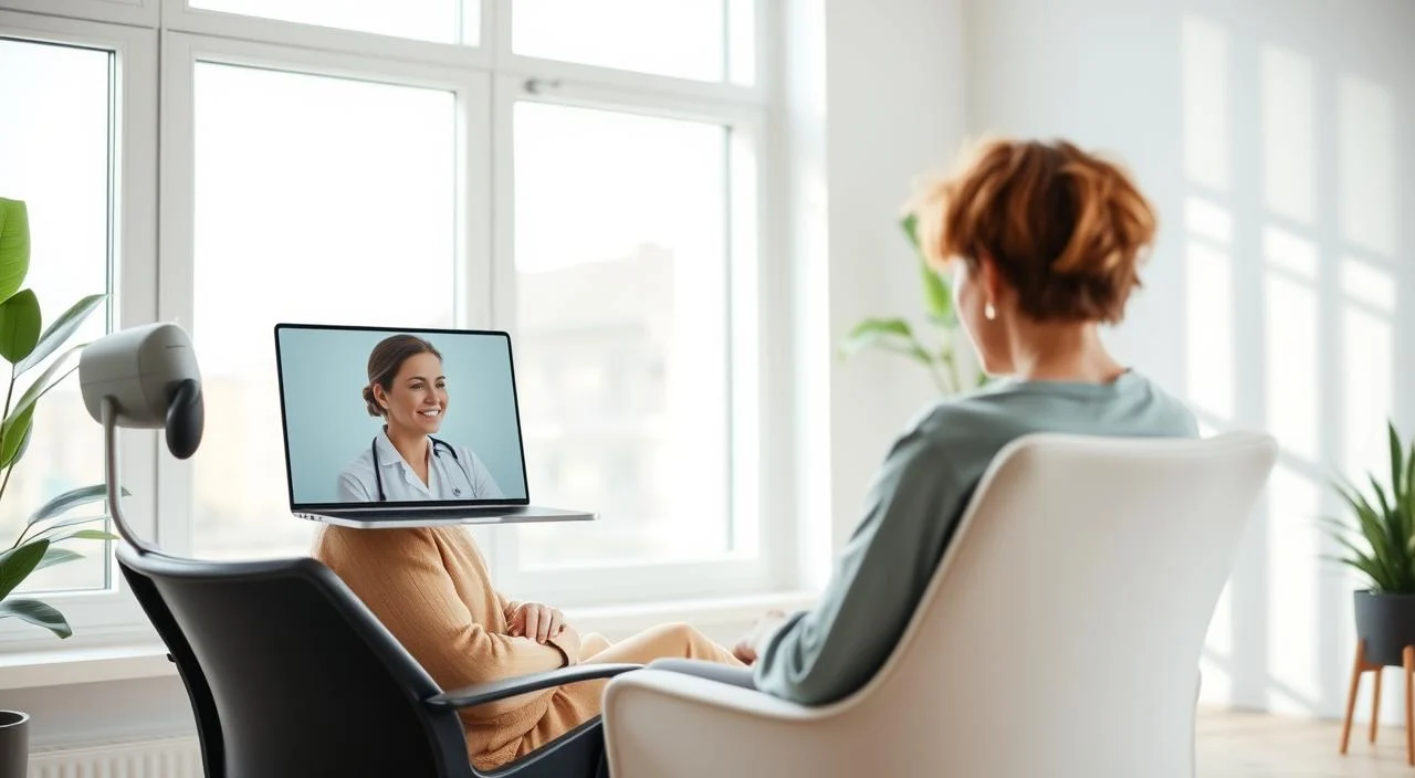 A virtual therapy session in a modern, minimalist home office. The therapist appears as a digital avatar on a laptop screen, guiding a patient through a calming discussion. Soft, natural lighting filters through large windows, creating a serene atmosphere. The patient sits comfortably in an ergonomic chair, their expression thoughtful yet relieved. The background features neutral tones and clean, uncluttered design, emphasizing the focus on the therapeutic process. The scene conveys a sense of accessibility, privacy, and the benefits of remote mental health support.
