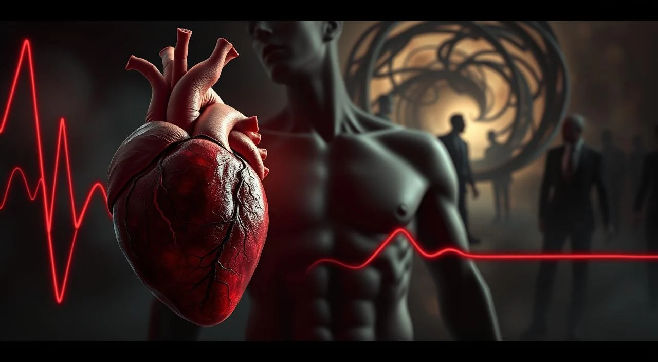 A visual representation of the interplay between anxiety and cardiac symptoms. In the foreground, a human heart pulses with intensity, the veins and arteries pulsating with a sense of unease. The middle ground depicts a torso wracked with tension, the muscles taut and the shoulders hunched, reflecting the physiological impact of anxiety. In the background, a swirling vortex of emotions, with shadowy figures and disembodied thoughts converging, creating a sense of psychological turmoil. Dramatic lighting casts dramatic shadows, heightening the sense of unease and the underlying connection between the mind and the body. Rendered in a style that evokes the delicate balance between the physical and the mental, this image captures the essence of "Ansiedade da Dor no Coração."