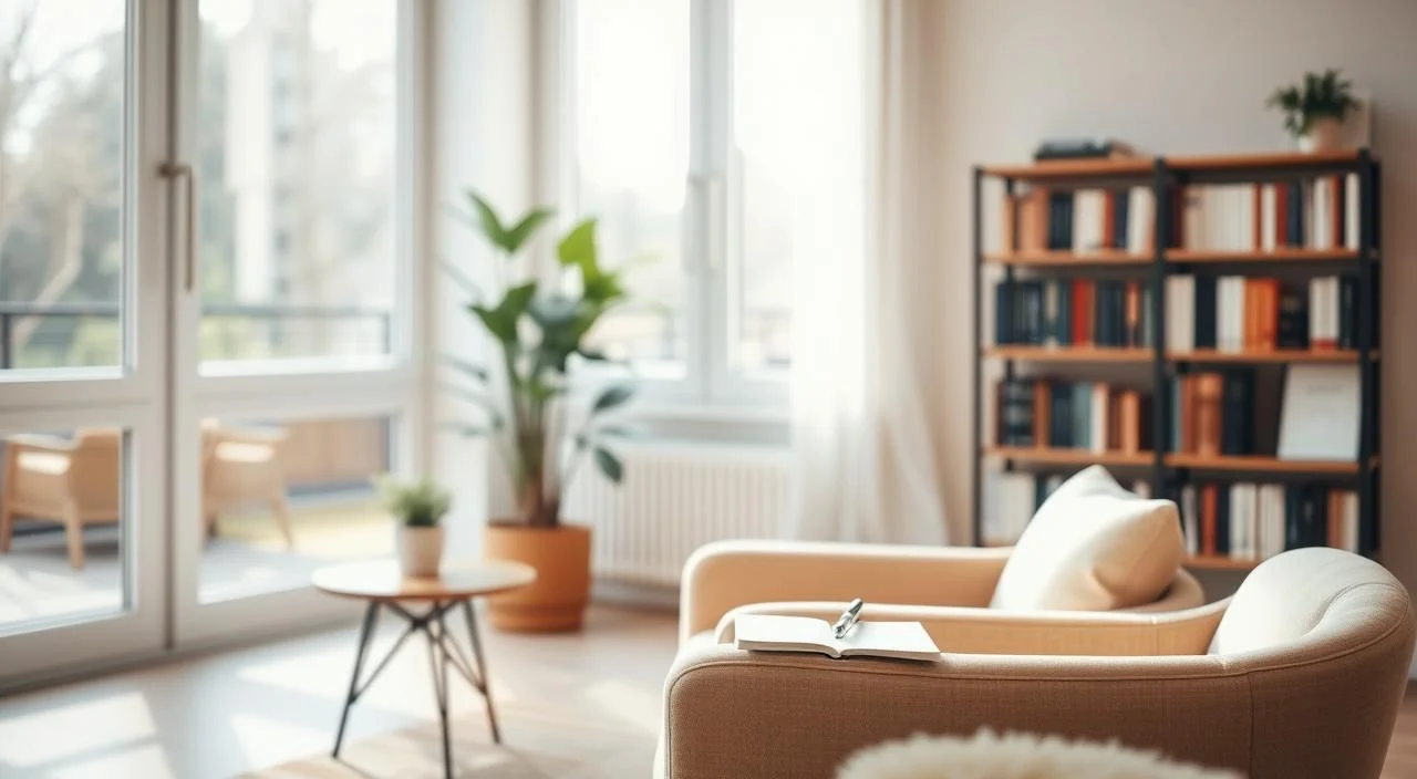 A warm and inviting consultation room, with sunlight filtering through large windows. In the foreground, a comfortable armchair and a side table with a notebook and pen, suggesting a cozy, intimate setting for a psychological session. In the middle ground, a potted plant and a bookshelf filled with volumes, conveying a sense of knowledge and care. The background features soothing, muted colors and a serene, contemplative atmosphere, encouraging deep self-reflection. The overall composition emanates a sense of trust, understanding, and the nurturing environment essential for valuable psychological support.