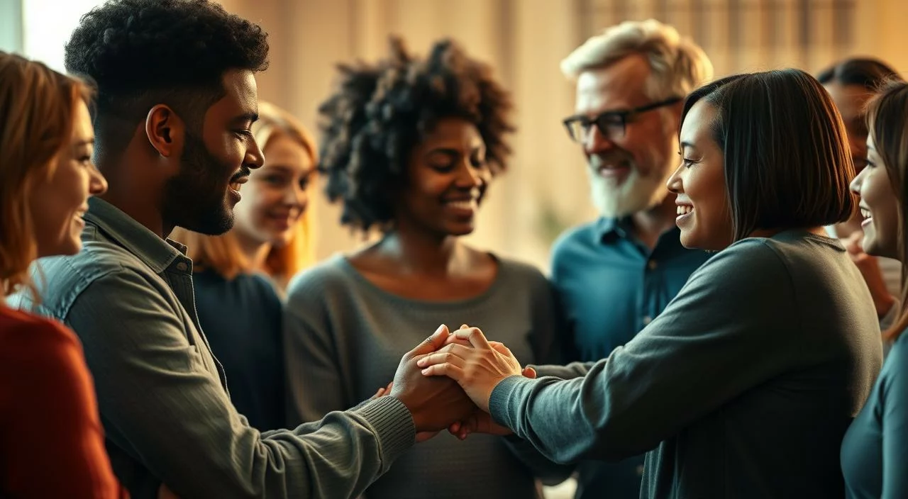 A warm, compassionate gathering of diverse individuals, their faces expressing connection, empathy, and mutual understanding. Soft, diffused lighting casts a gentle glow, evoking a sense of safety and support. In the middle ground, hands clasped, people lean in, engaging in meaningful dialogue. The background blurs, focusing attention on the central act of social bonding and its profound impact on mental wellbeing. An atmosphere of trust, acceptance, and community emanates from the scene, reflecting the vital role of social support in nurturing mental health.