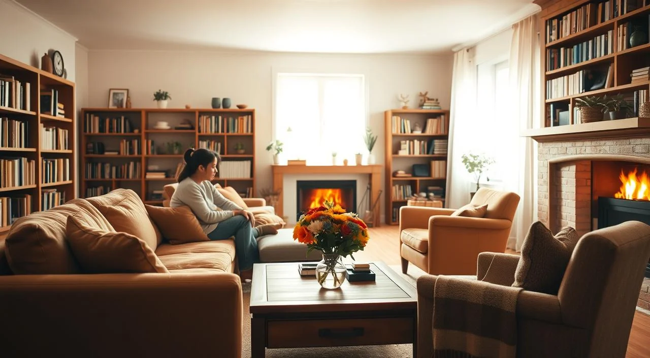 A warm, inviting family living room with soft, natural lighting filtering through large windows. In the foreground, a cozy sofa and armchair arrangement, upholstered in earthy tones, creates an intimate conversation space. On a low wooden coffee table, a vase of fresh flowers adds a touch of vibrant color. In the middle ground, bookshelves line the walls, filled with well-worn volumes, reflecting a sense of intellectual curiosity. The background features a fireplace with a crackling fire, casting a gentle glow throughout the space. An atmosphere of comfort, familiarity, and emotional nourishment pervades the scene, evoking a healthy, supportive family dynamic.