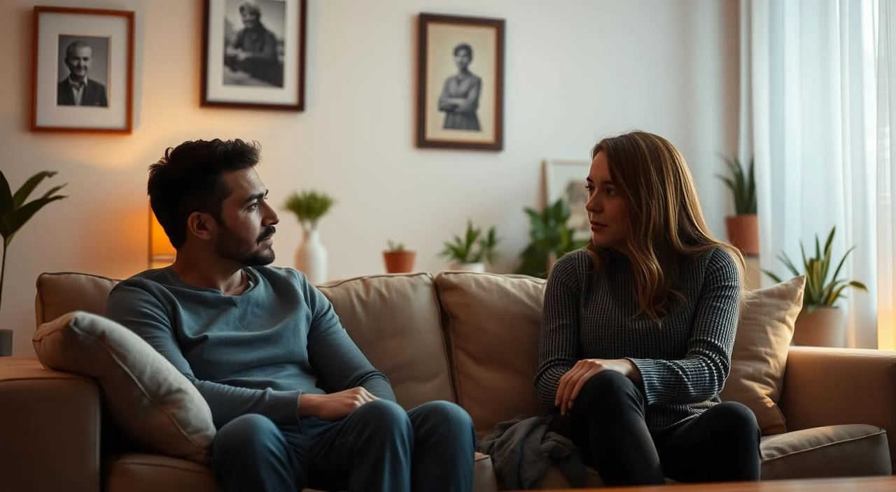A warm, inviting living room setting, with a couple sitting on a plush couch, engaged in a thoughtful discussion. The man's body language conveys a sense of vulnerability, while the woman's expression suggests empathy and understanding. Soft, diffused lighting casts a gentle glow, creating an atmosphere of intimacy and emotional connection. The room is adorned with tasteful decor, such as framed artwork and potted plants, hinting at the couple's shared interests and values. The overall scene evokes a sense of trust, openness, and the delicate balance of "medo do julgamento" within the context of their relationship.