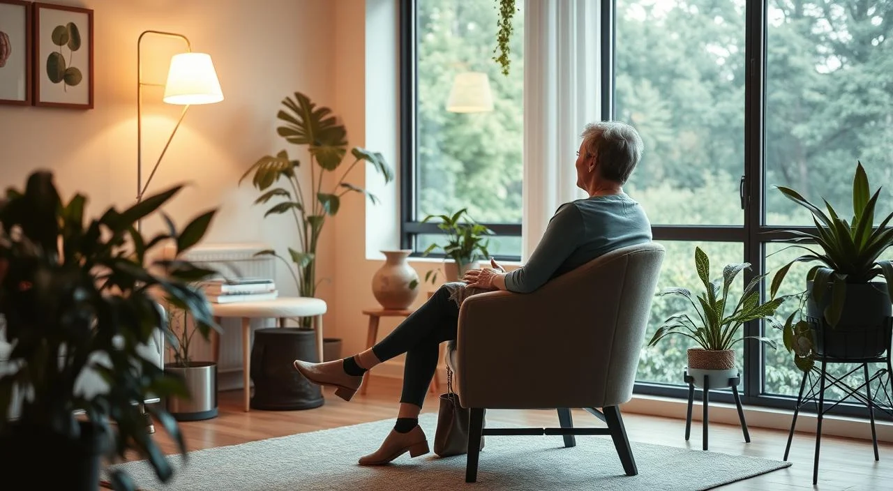 A warm, inviting office interior with a comfortable armchair, plants, and a large window overlooking a peaceful outdoor scene. Soft, natural lighting casts a calming glow throughout the space. A person sits in the chair, appearing relaxed and engaged in a thoughtful discussion with a therapist, conveying the sense of support and personal growth that psychological assistance can provide. The atmosphere evokes a safe, nurturing environment where the benefits of psychological support are tangibly felt.