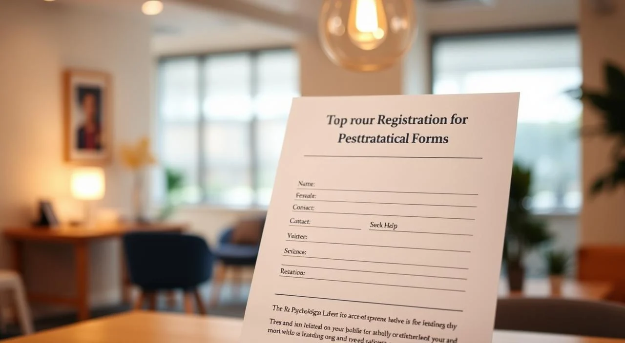 A warm, inviting registration form for free psychological services, set against a soft, blurred background of a welcoming office interior. The form prominently displays fields for name, contact information, and reason for seeking help, conveying a sense of professionalism and care. Subtle lighting from a nearby window casts a gentle glow, creating an atmosphere of comfort and safety. The overall impression is one of accessibility and compassion, encouraging the viewer to take the first step towards getting the support they need.