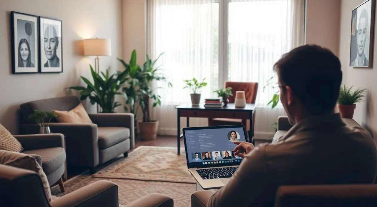 A warm, welcoming consultation room with comfortable furniture and calming decor. In the foreground, a person carefully reviewing profiles and credentials of various psychologists, considering their specialties, approach, and availability. The middle ground features a desk with a laptop displaying psychologist profiles, surrounded by plants and soothing artwork. The background showcases a large window allowing natural light to flow in, creating a sense of openness and introspection. The overall atmosphere evokes a thoughtful, introspective process of finding the right mental health professional to support one's wellbeing.