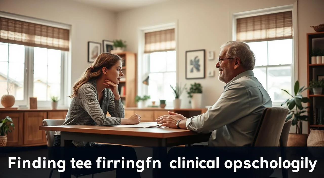 A warmly lit interior scene of a cozy home office. In the foreground, a thoughtful young woman sits at a wooden desk, leaning forward intently as she speaks with a kind, middle-aged man seated across from her, their body language suggesting an open and engaged therapeutic dialogue. Soft natural light filters in through large windows, casting a gentle glow on the space. The background features tasteful bookshelves, calming artwork, and plants, creating an atmosphere of professionalism and care. The overall mood is one of quiet contemplation and interpersonal connection, reflecting the process of finding the right clinical psychologist.