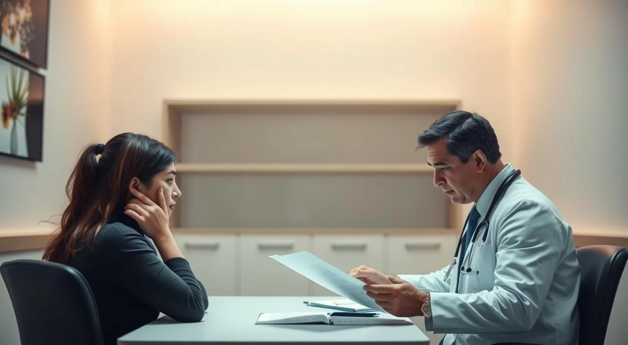 A well-lit clinical examination room, with a doctor's desk and a patient seated opposite. The patient's face shows a troubled expression, conveying anxiety and unease. The doctor, in a professional manner, is reviewing medical documents and notes, deep in thought. The lighting is soft and calming, creating an atmosphere of empathy and care. The room is sparsely decorated, with clean lines and neutral tones, focusing the viewer's attention on the interaction between the patient and the medical professional. The overall scene suggests a clinical assessment and diagnosis of an anxiety disorder, reflecting the subject and section title.