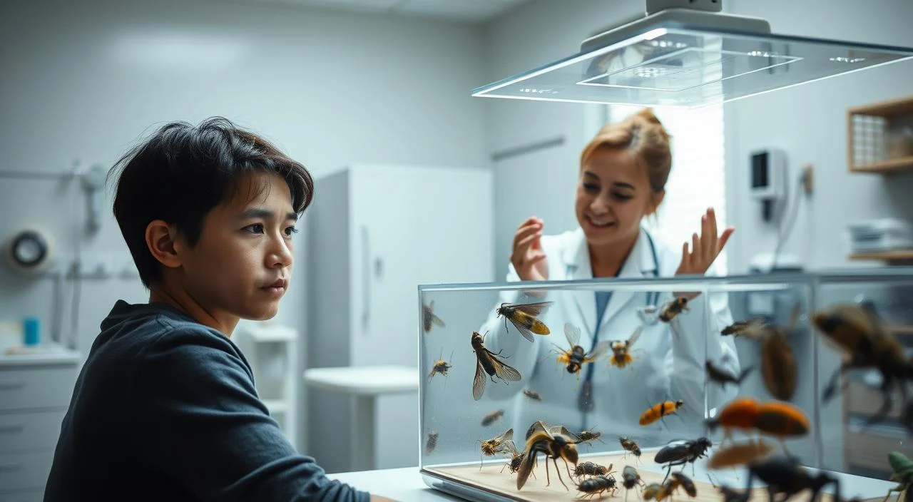 A well-lit, detailed scene depicting various techniques of insect exposure therapy. In the foreground, a person cautiously approaching a transparent container housing a variety of insects, with a focused, determined expression. In the middle ground, a therapist guiding the patient through the exposure process, demonstrating calming techniques. The background features a clinical, serene setting with medical equipment, suggesting a professional therapeutic environment. The lighting is soft and natural, creating a sense of warmth and safety. The overall composition conveys the step-by-step nature of this evidence-based exposure therapy for entomophobia.
