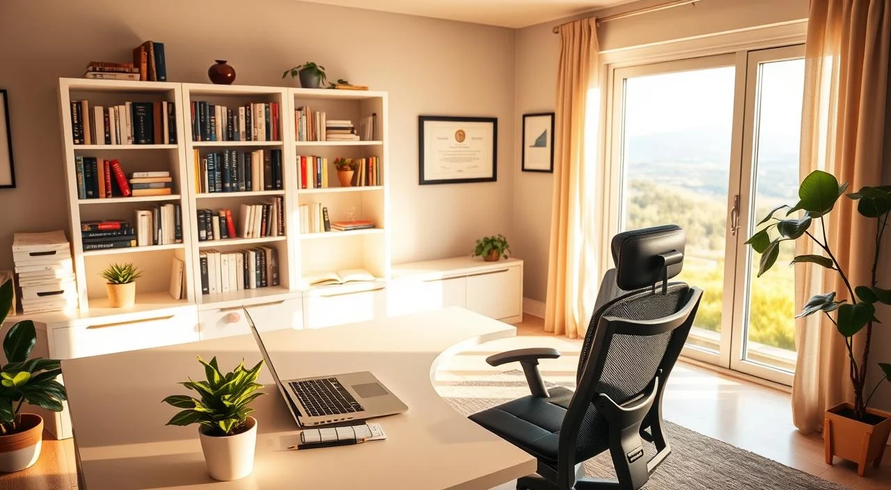 A well-lit home office setting, with a large desk and ergonomic chair in the foreground. On the desk, a laptop, a notepad, and a potted plant, conveying a professional yet warm atmosphere. In the middle ground, shelves filled with books and a framed diploma on the wall, suggesting the expertise of the online psychologist. The background features a large window overlooking a serene, natural landscape, creating a sense of tranquility and connection to the outside world. Warm, soft lighting illuminates the scene, creating a calming and inviting ambiance. The overall composition emphasizes the comfort, accessibility, and professionalism of the online psychological service.