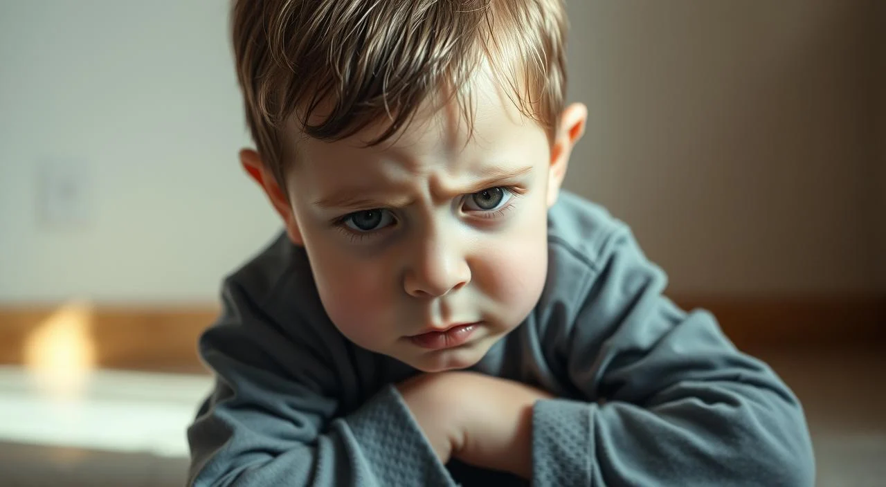 A young child sitting on the floor, their face showing signs of anxiety and worry. The child's brow is furrowed, their eyes wide and concerned, and their lips are pursed in a tense expression. The child's body language is tense and closed off, with their shoulders hunched and their arms wrapped around their knees. The background is a simple, neutral-colored room, with soft, natural lighting casting a gentle glow on the child's features. The overall mood is one of emotional vulnerability and the need for understanding and support.