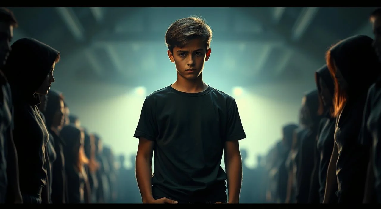 A young person standing alone, nervously shifting their weight, with a pensive, worried expression on their face. They are surrounded by a crowd of faceless figures, their eyes locked on the central figure, creating a sense of intense social scrutiny and pressure. The lighting is harsh, casting deep shadows and highlighting the individual's discomfort. The background is blurred, drawing the viewer's focus to the central figure's internal struggle with social evaluation. The overall atmosphere is one of unease, vulnerability, and the paralyzing fear of being judged by others.