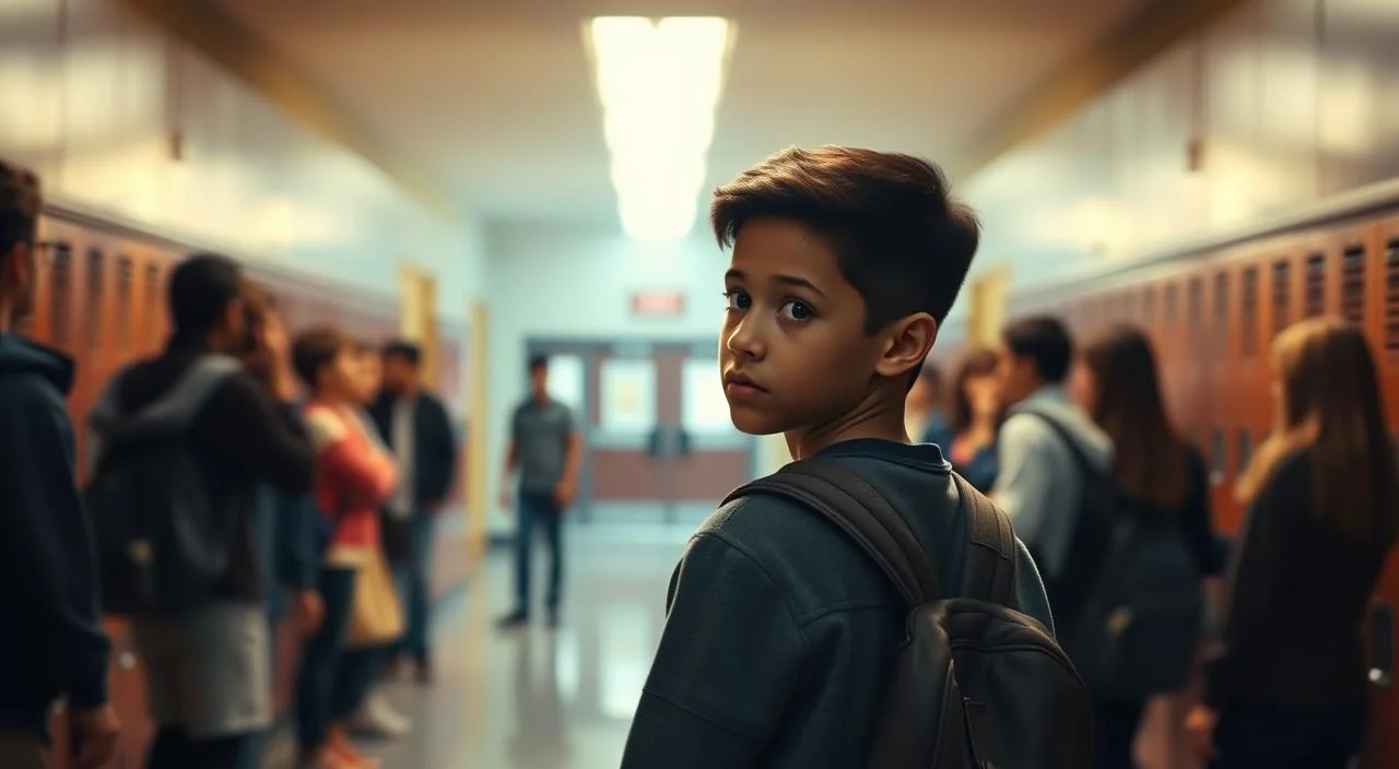 A young student standing confidently, their shoulders back and head held high, facing a crowd of onlookers. The background is a serene, softly-lit school hallway, with lockers and bulletin boards fading into the distance. Warm lighting casts a gentle glow, creating a sense of empowerment and self-assurance. The student's expression is determined, their gaze unwavering, conveying a belief in their own worth and a refusal to be defined by the judgments of others. The scene evokes a message of overcoming fear, embracing one's true self, and finding the strength to navigate the social dynamics of the school environment.