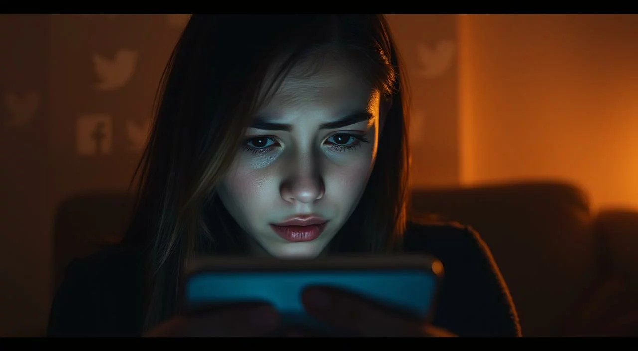A young woman in a dimly lit room, her face partially obscured by a smartphone screen, her expression troubled. The background is hazy, with social media icons and logos faintly visible, suggesting the overwhelming presence of digital platforms. Soft, warm lighting casts shadows, creating a sense of introspection and isolation. The composition emphasizes the subject's disconnection from her surroundings, highlighting the impact of social media on her self-perception and mental well-being.