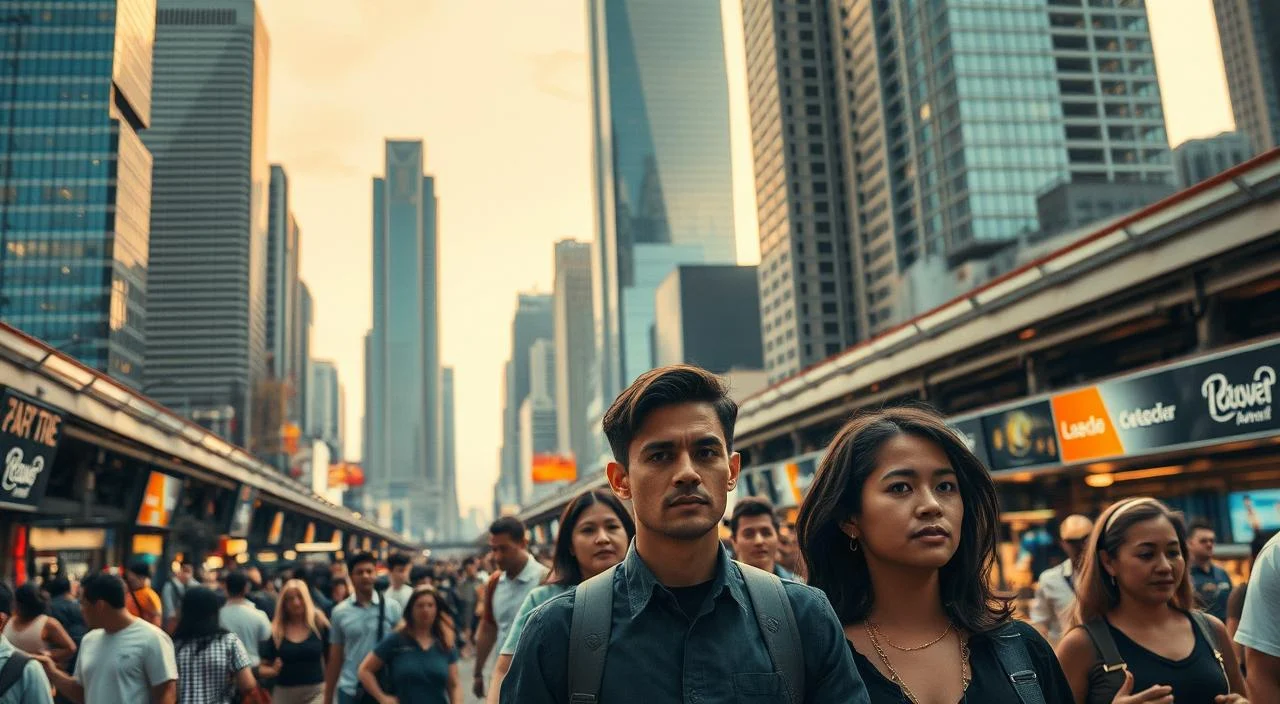 An expansive, bustling mercado (marketplace) set against a backdrop of towering skyscrapers, symbolizing the dynamic and ever-evolving nature of the modern job market. In the foreground, professionals of diverse backgrounds navigate the challenges of career growth, their faces reflecting a mix of determination and uncertainty. The scene is illuminated by warm, golden light, creating an atmosphere of contemplation and introspection. Amidst the hustle and bustle, a sense of purpose and resilience emerges, hinting at the potential for personal and professional development, even in the face of current obstacles.