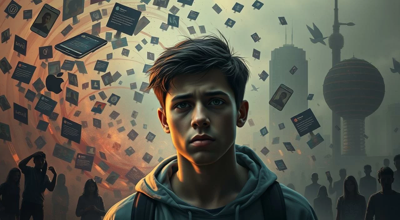 An intricate digital painting depicting the societal impact of external judgment on social media. A central figure, a young adult, is the focal point, their expression conveying a mix of anxiety and vulnerability as they navigate the online landscape. The foreground features a swirling vortex of social media platforms, comments, and reactions, suggesting the overwhelming nature of external scrutiny. The middle ground shows silhouettes of individuals, their faces obscured, representing the anonymous voices that contribute to the collective judgment. The background depicts a hazy, dystopian cityscape, alluding to the broader context of the modern, hyper-connected world and its influence on mental well-being. Dramatic lighting, with harsh shadows and muted tones, heightens the sense of unease and the personal impact of this societal phenomenon.