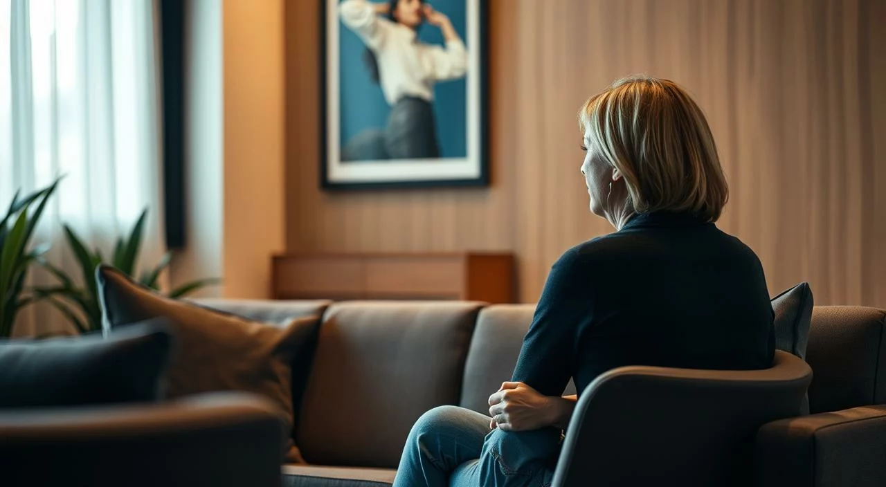 An office setting with a therapist's couch and a patient sitting across from them. The therapist has a calm, empathetic expression, leaning forward to listen intently. Soft, warm lighting casts a soothing glow, creating an atmosphere of trust and understanding. The background is blurred, keeping the focus on the intimate consultation. Angles are carefully composed to convey the professionalism and care of the therapeutic process. Muted tones of browns, grays, and blues evoke a sense of introspection and personal growth.