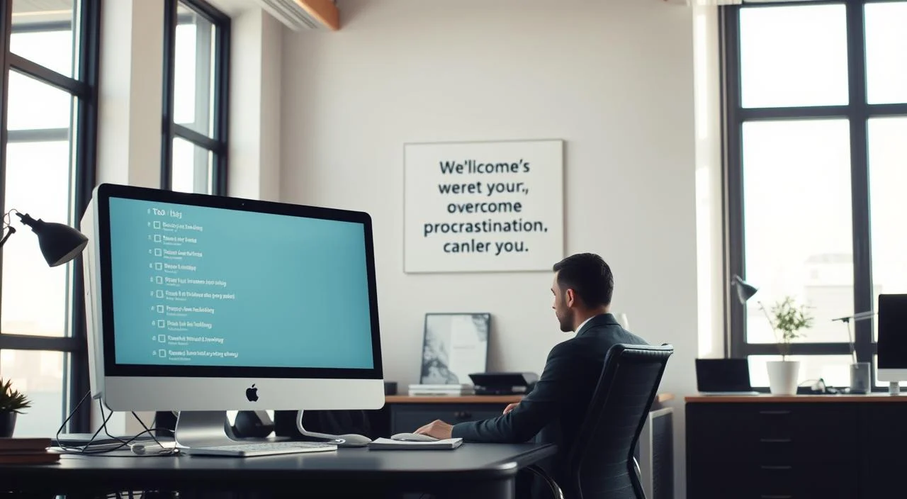 An office workspace with a determined professional at their desk, surrounded by a sense of order and focus. In the foreground, a computer screen displays a to-do list, with tasks being methodically checked off one by one. Bright, natural lighting filters through large windows, creating an atmosphere of clarity and productivity. In the middle ground, a motivational quote or affirmation is prominently displayed, inspiring the worker to overcome procrastination. The background features minimalist decor, creating a calming, distraction-free environment. The overall scene conveys a narrative of self-discipline, goal-oriented action, and the triumph over the tendency to delay important tasks.