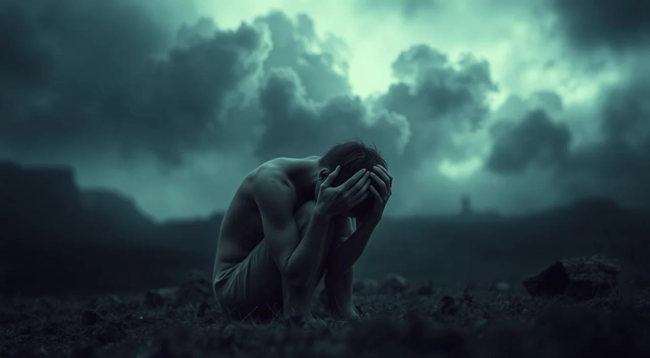 Anxiety and Depression Symptoms: A surreal, moody landscape depicting the physical and emotional manifestations of anxiety and depression. In the foreground, a figure curled up in a fetal position, hands grasping their head, conveying mental anguish. In the middle ground, swirling clouds of muted colors and ominous shadows, representing the turbulent emotional state. The background is a blurred, hazy environment, evoking a sense of isolation and disconnect from the outside world. The lighting is somber, with a subtle blue-grey tint, adding to the melancholic atmosphere. The overall composition is a powerful visual metaphor for the debilitating symptoms experienced by those struggling with anxiety and depression.