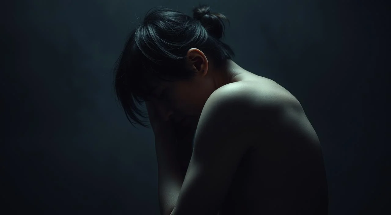 Anxious figure curled inward, consumed by harsh self-critique. Muted colors and somber lighting cast a gloomy atmosphere. Shadowy background hints at isolation and introspection. Softly blurred edges evoke a sense of fragility and vulnerability. Refined, photorealistic style conveys the emotional weight of self-judgement and the internal struggle to overcome it. Subtle details and nuanced expression capture the complexity of this psychological state.