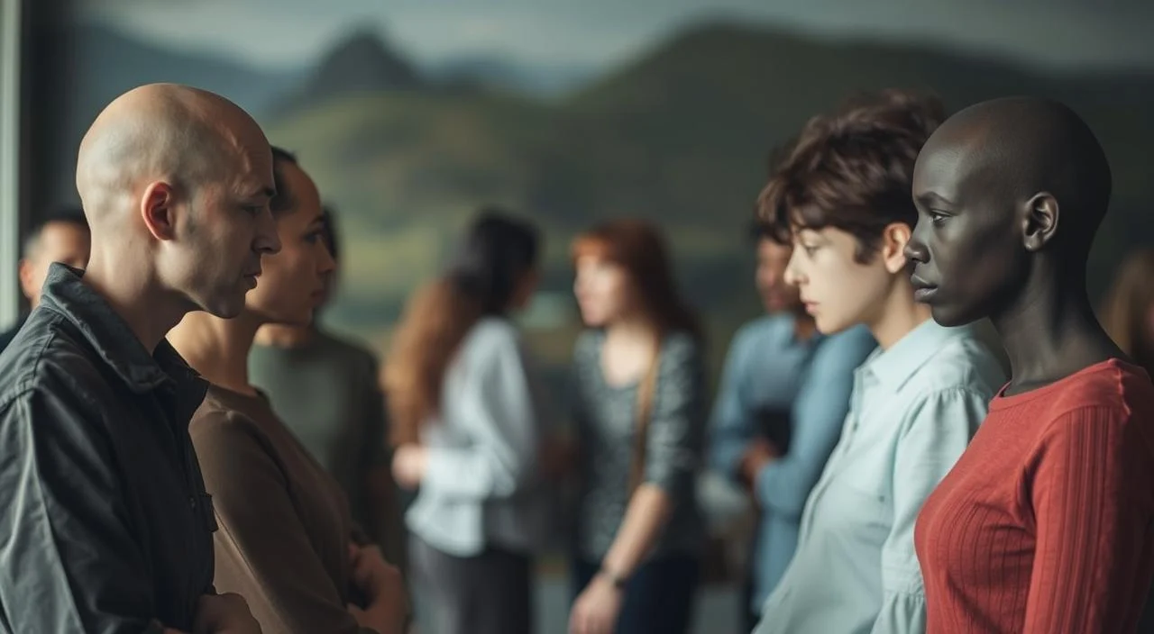 Anxious figures in a social setting, facing each other with uncertainty and discomfort. Muted colors, soft lighting, and a sense of tension in the air. A middle-ground of indistinct shapes and forms, representing the interpersonal dynamics. In the background, a blurred, abstract landscape suggesting the broader context of relationships. The composition conveys the complexities of navigating social interactions while experiencing anxiety, with a subtle, introspective tone.