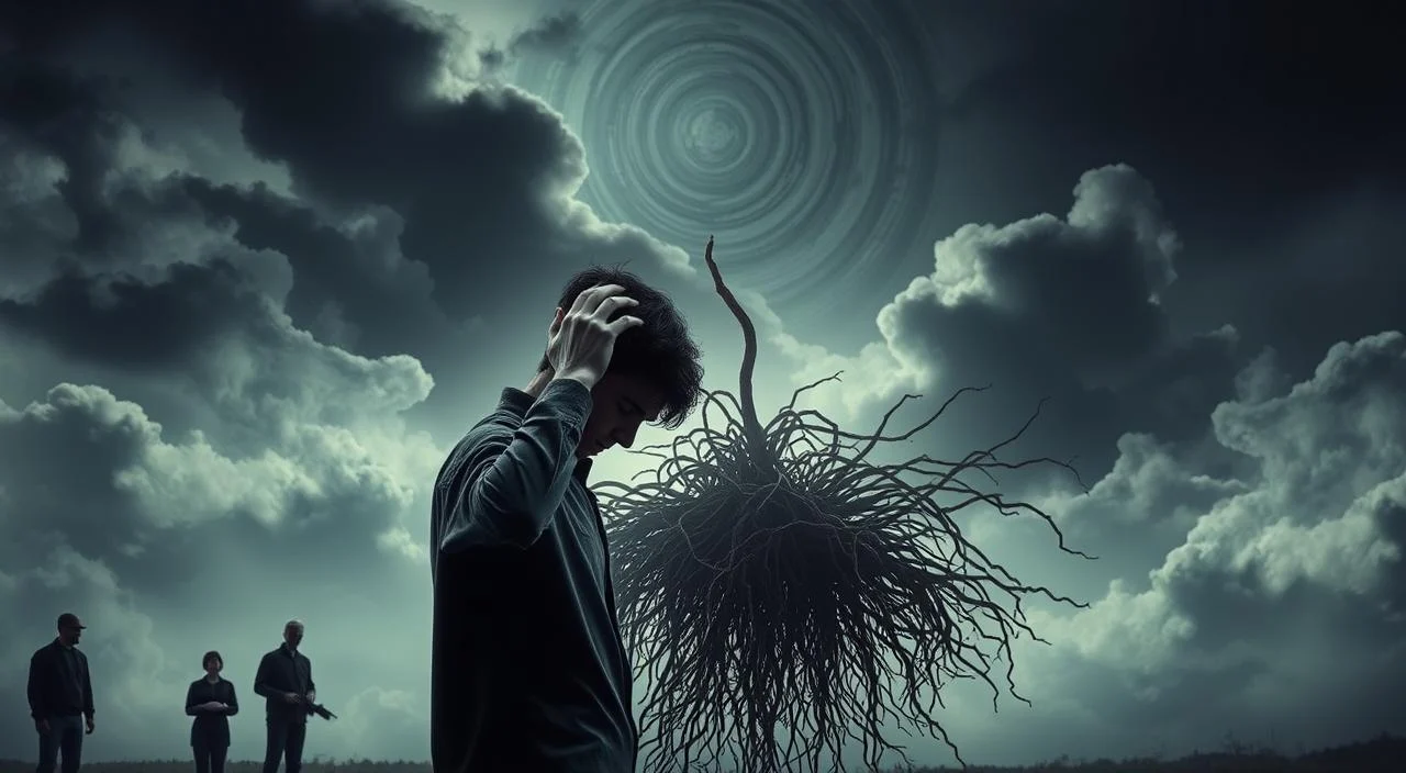 Anxious figures stand against a backdrop of looming clouds and swirling patterns, representing the chronic stress and anxiety they face. In the foreground, a person clutches their head, overwhelmed by racing thoughts and intrusive worries. The middle ground depicts a tangle of tangled roots and vines, symbolizing the deep-seated causes of their condition. Muted tones and a somber atmosphere convey the heaviness and emotional turmoil of the scene. Soft, diffused lighting casts an unsettling glow, highlighting the sense of unease and unrest. The image aims to capture the essence of anxiety and its complex, multifaceted origins.