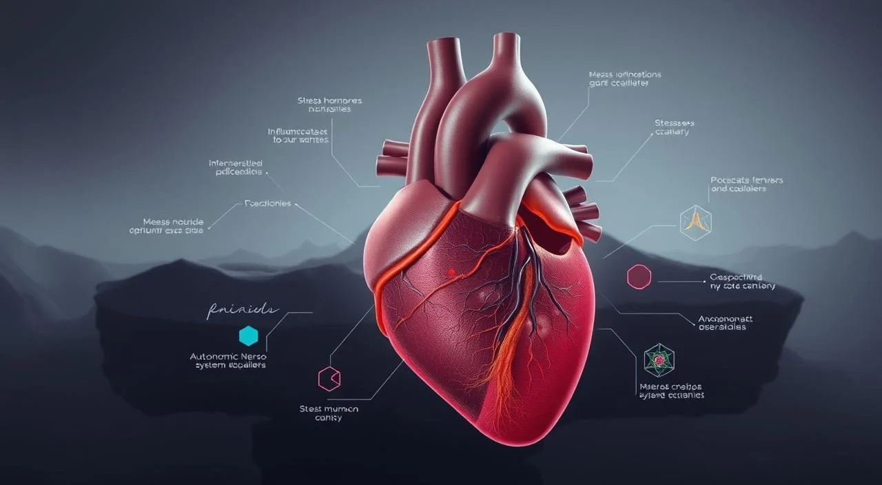 Causas da Ansiedade Cardíaca A detailed scientific illustration depicting the underlying causes of cardiac anxiety. In the foreground, a cross-section of the human heart, its chambers and valves rendered with precision. Surrounding it, a layered landscape of the circulatory system, with blood vessels, arteries, and capillaries visible. In the middle ground, various factors contributing to cardiac anxiety, such as stress hormones, inflammation, and autonomic nervous system imbalances, represented by abstract geometric shapes and vibrant colors. The background features a muted, contemplative atmosphere, with a soft, diffused lighting that enhances the clinical yet thoughtful mood. The overall composition conveys a sense of scientific understanding and the complexities involved in the physiological mechanisms behind cardiac anxiety.
