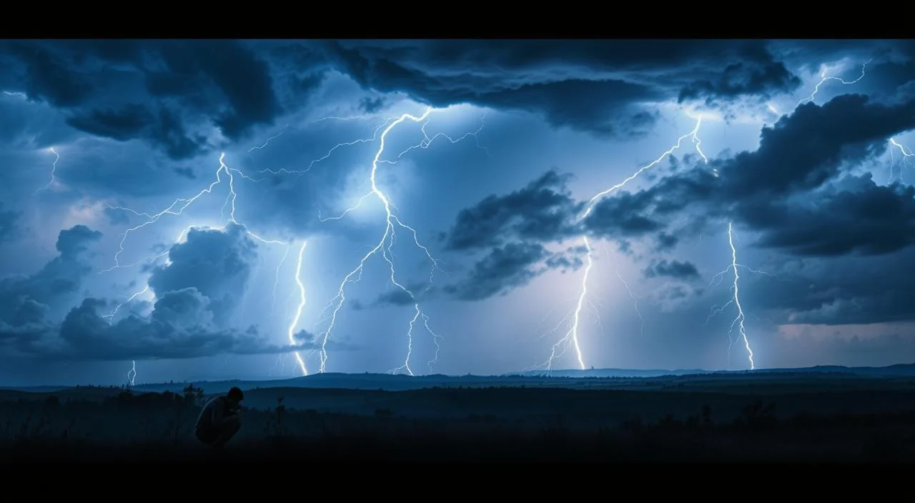 Causas da astraphobia, a striking scene of thunderstorm and lightning against a ominous sky. In the foreground, a lone figure cowering in fear, their body language conveying the visceral terror of the storm. The middle ground features swirling clouds and ominous bolts of electricity cracking through the air, illuminating the landscape with an eerie, dramatic light. In the background, a horizon obscured by dark, foreboding clouds, suggesting the unrelenting power of nature. The overall mood is one of dread and unease, capturing the essence of the phobia that the image aims to illustrate.