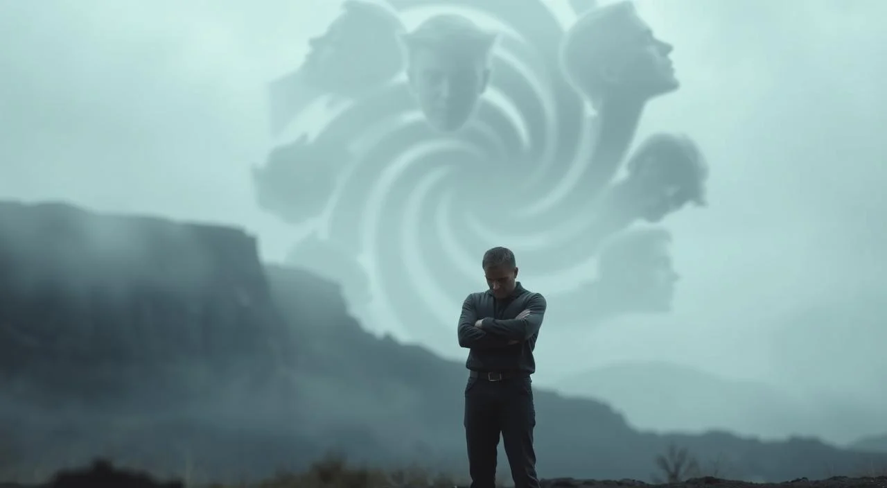 Causas do medo de julgamento: a weight of expectations on a person's shoulders, casting a dark shadow of doubt and self-consciousness. In the foreground, a figure stands alone, arms crossed protectively, eyes downcast, tensed against an unseen critical gaze. In the middle ground, a swirling vortex of disembodied faces, eyes narrowed, mouths twisted in judgment. The background is a blurred, monochromatic landscape, devoid of warmth or comfort, emphasizing the isolation and vulnerability of the central figure. Soft, diffused lighting casts a somber, introspective mood, conveying the internal struggle and mental anguish of confronting the fear of being judged.