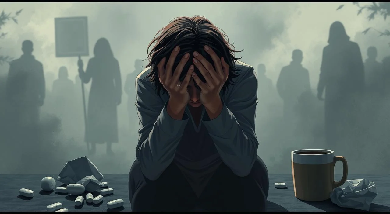 Detailed illustration depicting the symptoms of anxiety and depression. In the foreground, a person sits hunched over, hands clutching their head, conveying a sense of overwhelming distress. The middle ground features scattered pills, crumpled tissues, and a half-empty cup of coffee, symbolizing the struggle to cope. The background is shrouded in a hazy, somber atmosphere, with muted colors and shadowy figures, evoking a pervasive feeling of melancholy. Dramatic high-contrast lighting casts stark shadows, heightening the emotional intensity. The scene is captured with a cinematic, documentary-style lens, drawing the viewer into the intimate, personal nature of the experience.