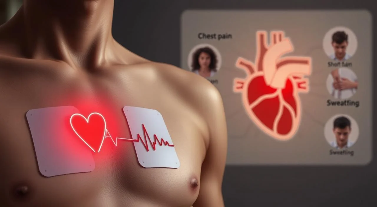 Detailed illustration of common cardiac anxiety symptoms. In the foreground, a person's chest with electrocardiogram pads and a heart palpitation graphic. In the middle ground, depictions of chest pain, shortness of breath, and sweating. In the background, a subtly lit anatomical heart diagram against a muted color palette, conveying a sense of concern and unease. Realistic, high-detail medical illustration style with natural lighting and soft focus. Avoid any text or overt branding.