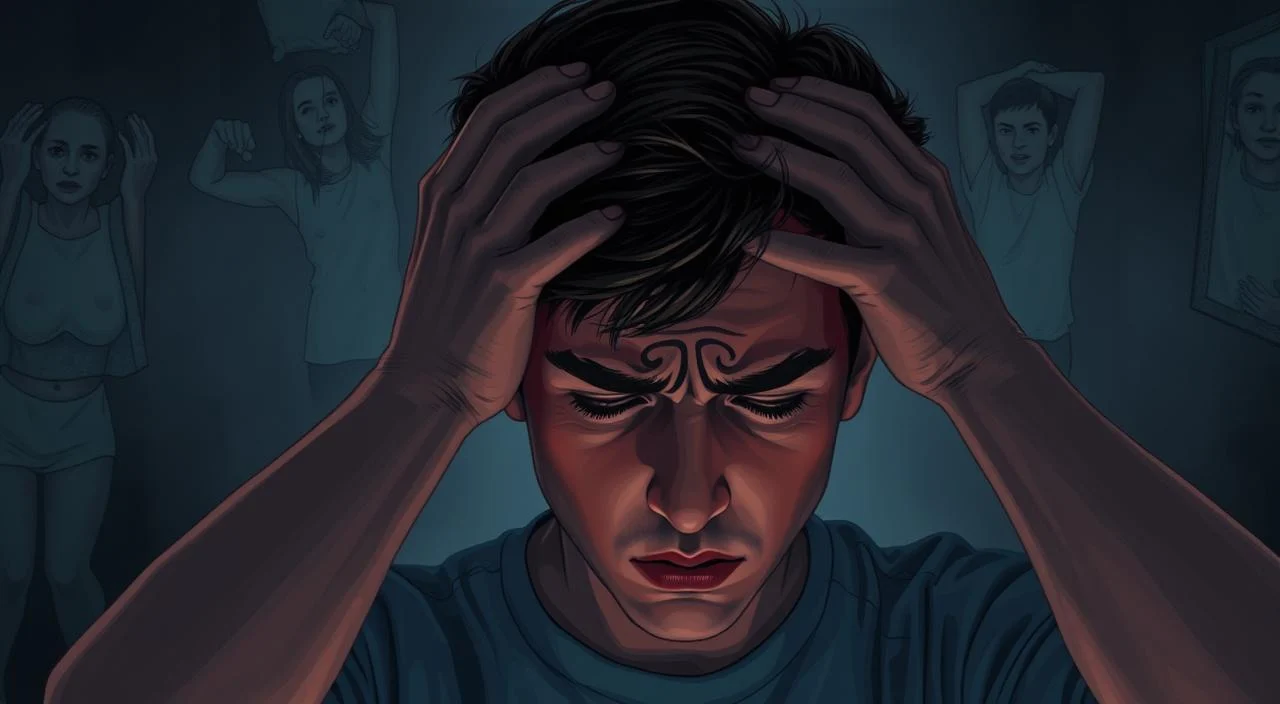 Detailed illustration of common symptoms of anxiety and depression. In the foreground, a person with a troubled expression, hands on their head, conveying mental anguish. In the middle ground, various physical symptoms like tense muscles, sweating, and a racing heartbeat. The background features a somber, dimly lit environment, with muted tones and a sense of heaviness, reflecting the emotional weight of these conditions. Dramatic lighting and shadows create a sense of depth and intensity. The overall scene evokes a powerful and empathetic portrayal of the inner struggles associated with anxiety and depression.