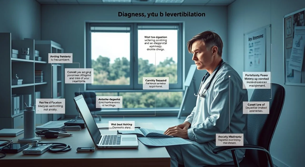 Detailed medical diagram depicting the diagnostic process for anxiety and depression. A clinical scene with medical equipment, charts, and notes showcasing the methodical evaluation by a healthcare professional. Cool, neutral lighting casts a serious, authoritative tone. The foreground features a desk with a laptop, stethoscope, and other diagnostic tools. The middle ground shows a patient in a white gown being examined, their expression conveying concern. The background reveals clinical shelves, medical posters, and a window overlooking a serene outdoor setting, suggesting a professional, evidence-based approach to mental health assessment.
