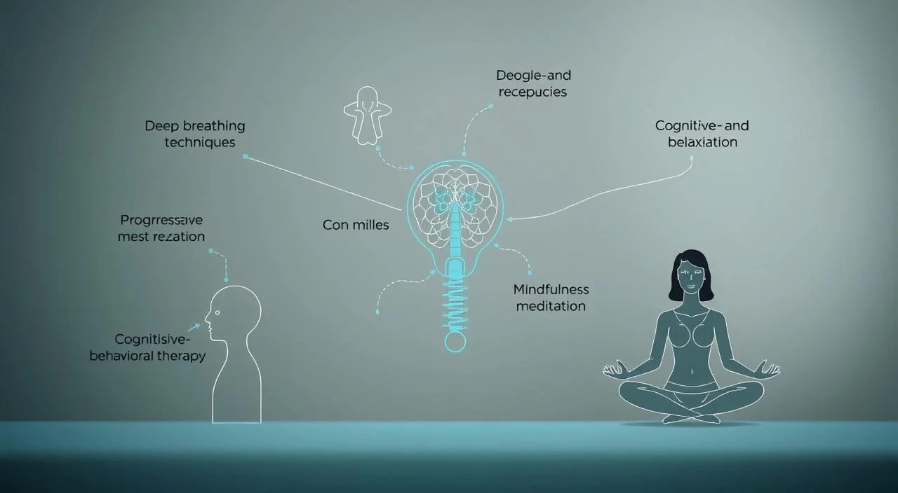 Detailed medical illustration of various science-based treatments for cardiac anxiety, including deep breathing techniques, progressive muscle relaxation, cognitive-behavioral therapy, and mindfulness meditation. Crisp, high-contrast lighting highlights the foreground elements against a muted, softly blurred background. The overall composition is balanced and symmetrical, conveying a sense of calm and focus. The visual style is clean, technical, and slightly clinical, reflecting the scientific nature of the subject matter.