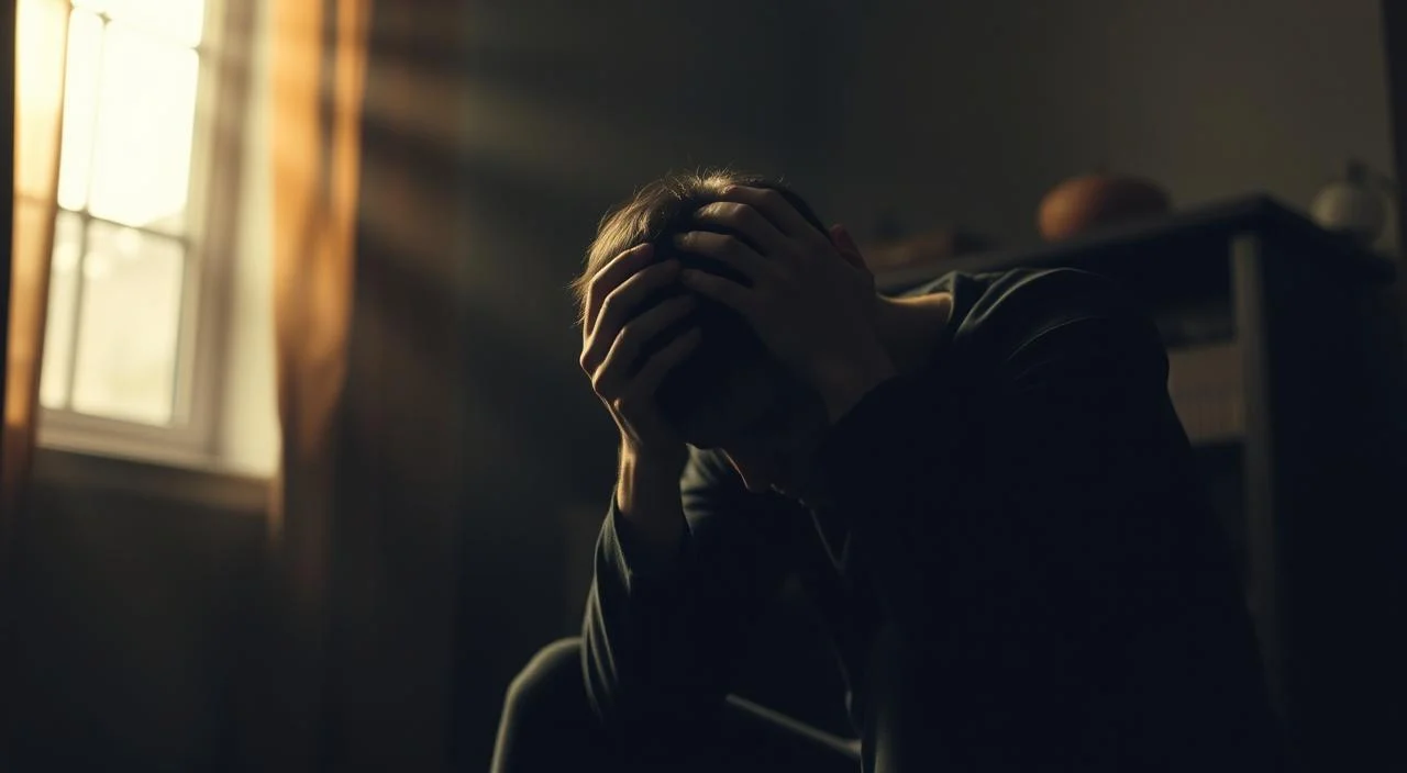 Detailed scene depicting the daily impacts of anxiety: In a dimly lit room, a figure sits hunched over, hands gripping their head as if overwhelmed by intrusive thoughts. The background is blurred, creating a sense of isolation and tunnel vision. Shafts of warm, golden light peek through a window, casting an almost ominous glow. The figure's body language conveys a profound sense of tension and unease, reflecting the disruptive influence of anxiety on everyday life. Muted colors and soft focus lend an atmospheric, melancholic tone to the composition. A realistic, photographic style captures the gravity of the subject matter.