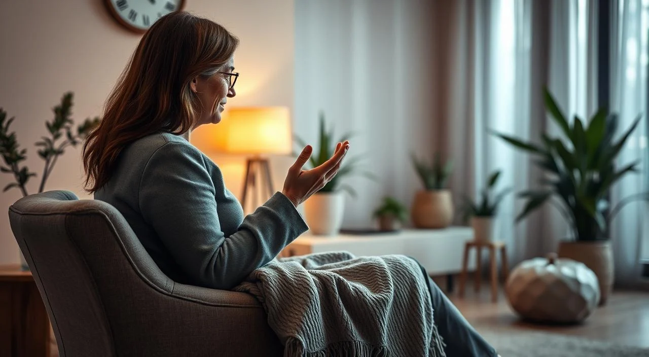 Detailed scene of a hypnotherapy session in a calming, serene environment. A therapist guides a patient into a deeply relaxed state, using soothing voice and hand gestures. Soft, warm lighting casts gentle shadows. Plush armchair and cozy throw blanket in the foreground, with plants and natural decor in the background, conveying a sense of tranquility. Angles and perspective create an intimate, introspective atmosphere, as the patient enters a state of focused attention and inward reflection. The overall mood is one of trust, comfort, and the therapeutic potential of hypnosis.