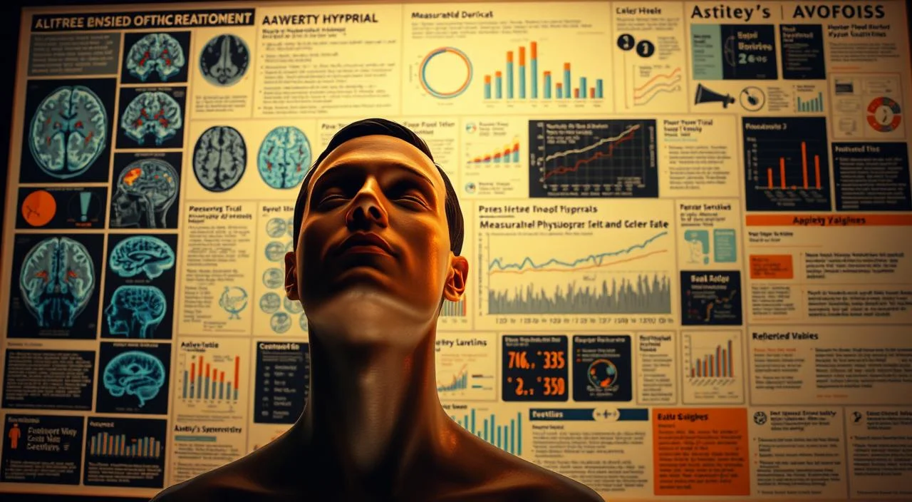 Detailed scientific diagram showcasing evidence-based applications of hypnosis in psychological treatment. Prominent in the foreground, a human figure undergoing a hypnosis session, eyes closed in a state of deep relaxation. In the middle ground, various brain scan images and graphical representations of measurable physiological changes associated with the hypnotic state. The background features a collage of clinical trial data, peer-reviewed journal articles, and other scholarly references supporting the efficacy of hypnosis in addressing conditions like anxiety and depression. Warm, professional lighting illuminates the scene, captured through a wide-angle lens to convey an authoritative, academic tone. The overall composition emphasizes the rigorous scientific underpinnings of this therapeutic approach.