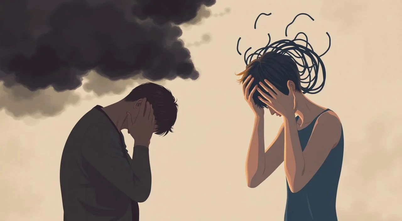 Differences between anxiety and depression. A thought-provoking illustration depicting the contrasting emotional states. In the foreground, a figure consumed by the dark clouds of depression, shoulders hunched, head bowed. In the middle ground, another figure wrestling with the spiraling tendrils of anxiety, hands clutched to the head. The background is a calming, neutral space, suggesting the potential for balance and healing. Soft, muted tones evoke a sense of introspection, while the lighting casts dramatic shadows, heightening the sense of inner turmoil. The overall composition conveys the complex interplay between these two profound mental health conditions.
