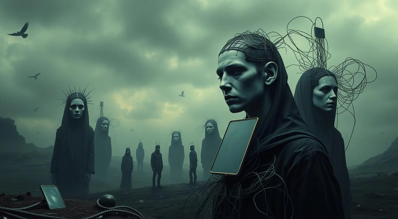 Imposing figures representing the heavy toll of mental health challenges in the digital age. A surreal landscape, bathed in somber hues, depicts the cascading impacts of online pressures - anxiety, depression, and loss of self-worth. Disembodied eyes and distorted faces loom, symbolizing the ever-present gaze and judgment of the virtual world. Fragmented elements, like shattered mirrors and tangled wires, convey the fragility and disconnection experienced by those struggling with the mental health implications of the digital realm. A stark, unsettling composition that captures the essence of the "Causes and Impacts on Mental Health" section.