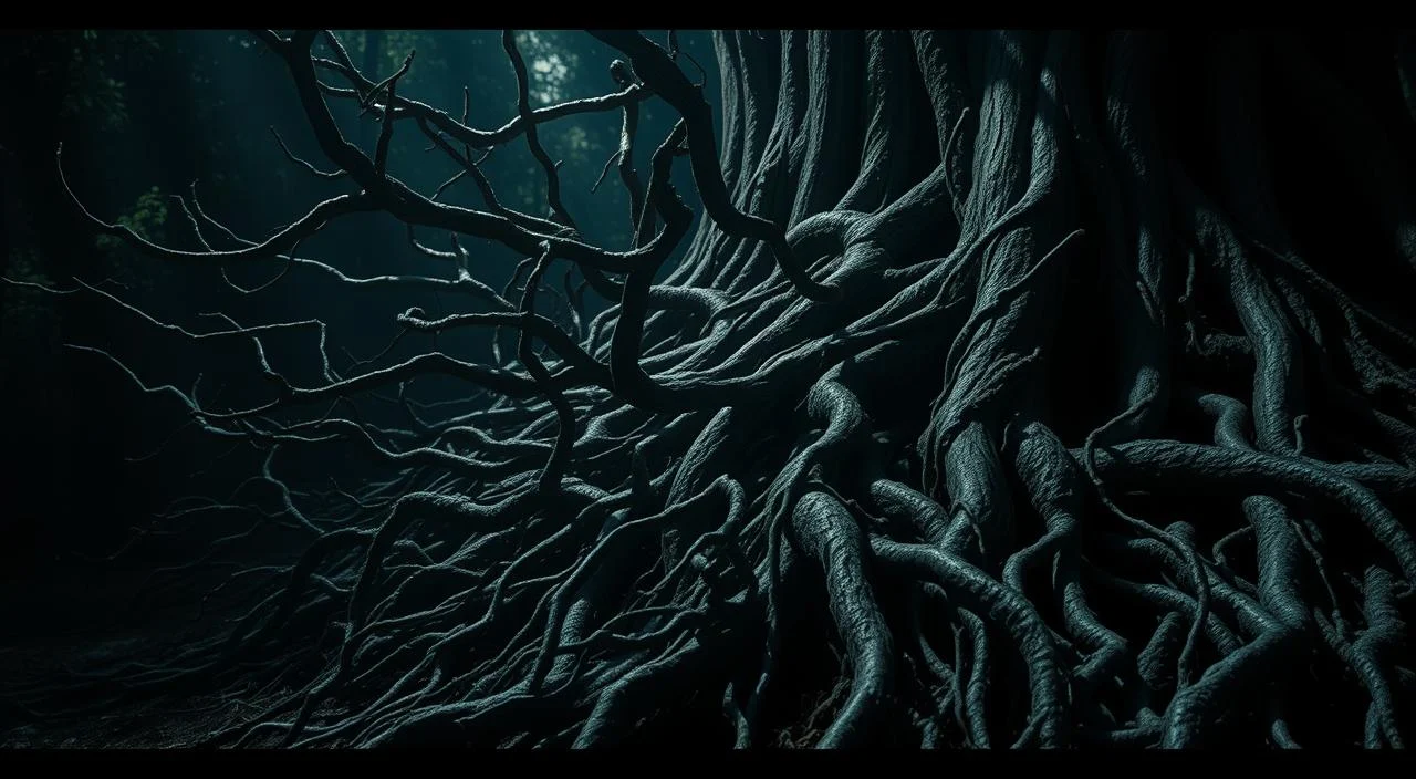 Intricate roots coiled in a twisted, tangled mass, emerging from the shadows of a dimly lit forest. Gnarled, twisted tendrils reaching up, as if clawing towards the surface, driven by a primal fear. Flickers of light cast an ominous glow, accentuating the textural details - the rough, bark-like surfaces, the sharp protrusions, the sense of an ancient, primordial energy. A moody, atmospheric scene that captures the visceral essence of the "roots of fear" - the deep-seated, subconscious origins of our anxieties and insecurities.