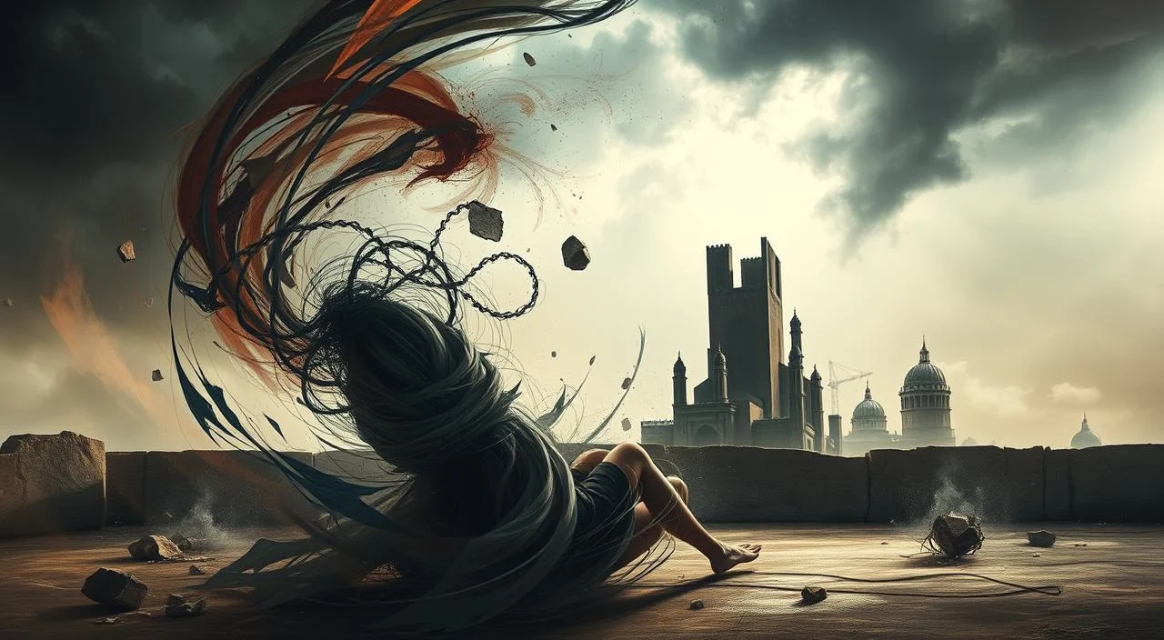 Manifestations of Anxiety: A surreal, impressionistic scene capturing the emotional turmoil of anxiety. In the foreground, a figure writhes in a swirling vortex of abstract, unsettling shapes and colors, conveying the visceral experience of anxiety's physical symptoms. The middle ground features fragmented, distorted architectural elements, evoking the sense of disorientation and loss of control. In the hazy background, a stormy, tempestuous sky looms, enhancing the overwhelming, ominous atmosphere. Dramatic lighting casts deep shadows, intensifying the sense of unease. The composition is asymmetric and off-kilter, mirroring the disruption of normal mental processes. An unsettling, dreamlike quality pervades the scene, reflecting the subjective, highly personal nature of anxiety's manifestations.