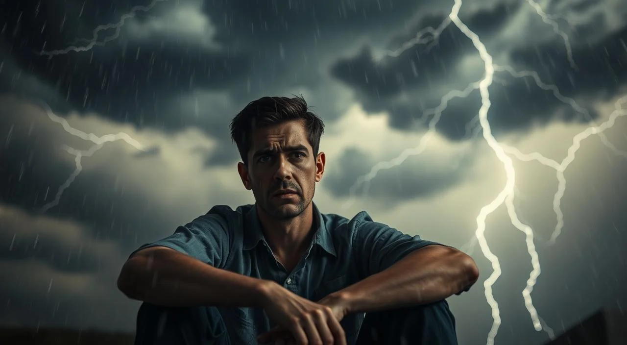 Stormy weather symptoms: A person sitting anxiously amidst a raging thunderstorm, their face etched with worry and apprehension. Dramatic dark clouds fill the background, illuminated by flashes of lightning that cast an ominous glow. Rain pours down, creating a sense of distress and discomfort. The figure's body language conveys a sense of tension and unease, as they struggle to cope with the overwhelming sensory experience of the storm. The scene is captured with a shallow depth of field, keeping the central figure in sharp focus while blurring the turbulent surroundings, emphasizing their internal struggle.