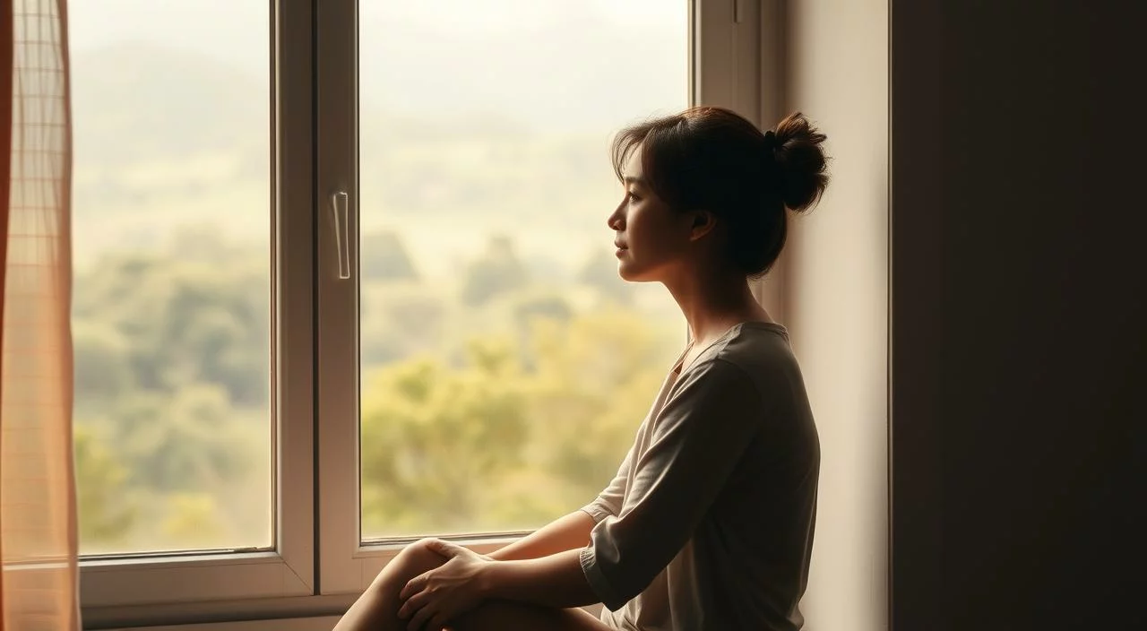 Strategies to deal with self-criticism A serene, minimalist scene with a woman sitting on a windowsill, gazing introspectively out at a lush, verdant landscape. Soft, natural lighting filters through the window, casting a warm, contemplative glow. The woman's expression is one of quiet contemplation, as she reflects on her inner voice and explores ways to transform it from a source of judgment to one of self-acceptance. The background is hazy and out of focus, keeping the attention on the woman's introspective pose. The color palette is muted and earthy, evoking a sense of grounded tranquility. The overall mood is one of introspection, self-awareness, and the journey towards a more nurturing inner dialogue.