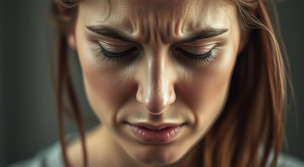 Subtle emotional manifestations of anxiety: a woman's face, brow furrowed, eyes downcast, a hint of tension in the jaw, conveying an internal emotional turmoil despite an outward composure. Soft, muted lighting illuminates her features, creating a pensive, introspective atmosphere. The background is blurred, drawing the viewer's focus solely to the subject's expressive countenance, a window into the complex emotional landscape of the human mind. Rendered in a realistic, photographic style, this image aims to capture the often-overlooked, yet profoundly impactful, early signs of anxiety.