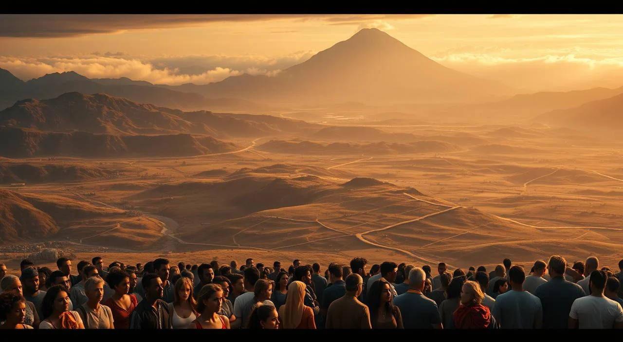 Sweeping landscape depicting the global challenges of mental health, bathed in warm, pensive lighting. In the foreground, a diverse group of people stand united, expressions reflecting the weight of these issues. The middle ground features a network of interconnected pathways, symbolizing the complex web of factors influencing mental wellbeing. In the distance, a towering mountain range shrouded in mist, conveying the daunting scale of the mental health crisis worldwide. The overall mood is one of determination and resilience, hinting at the opportunities to overcome these obstacles through collective action.